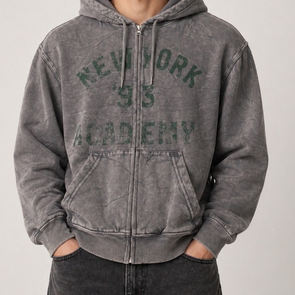 Urban Outfitters BDG New York 93 Academy Zip Hoodie Grey Acid Wash XS a3